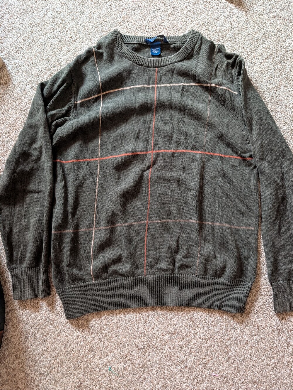 Falls Creek Olive Crewneck Sweater with Cream and Rust Windowpane
